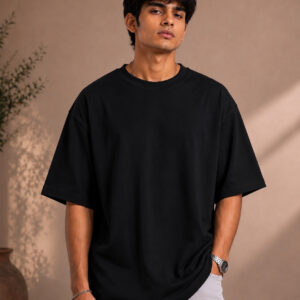 Trisutra Black Plain Oversized T-Shirt for Men – 240 GSM French Terry Cotton