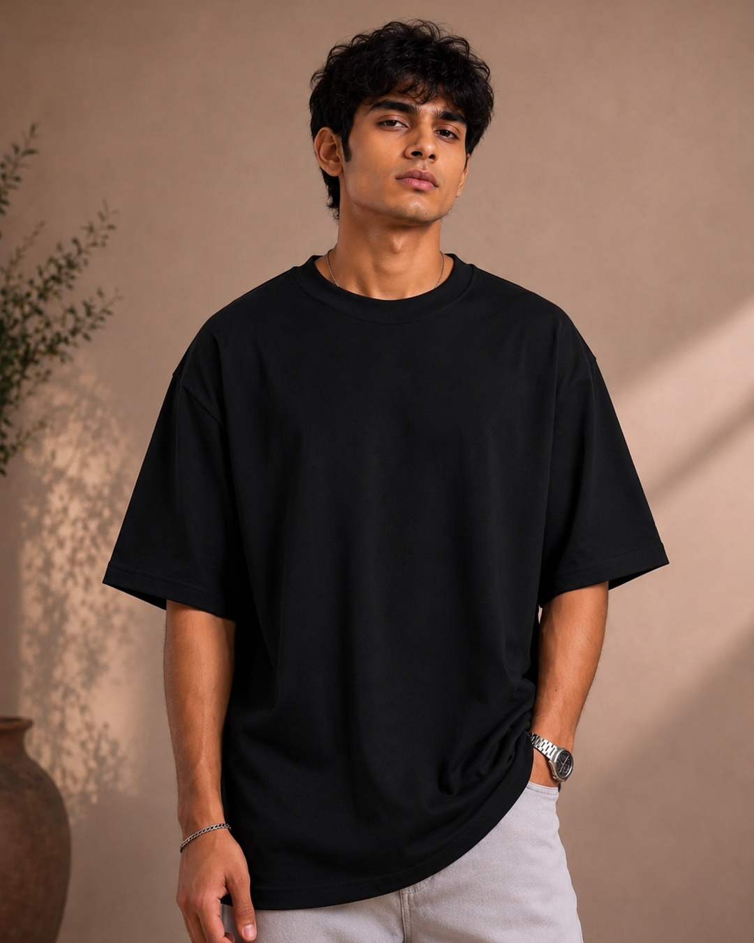 Trisutra Black Plain Oversized T-Shirt for Men – 240 GSM French Terry Cotton