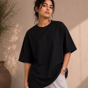 Trisutra Black Plain Oversized T-Shirt for Women – 240 GSM French Terry Cotton