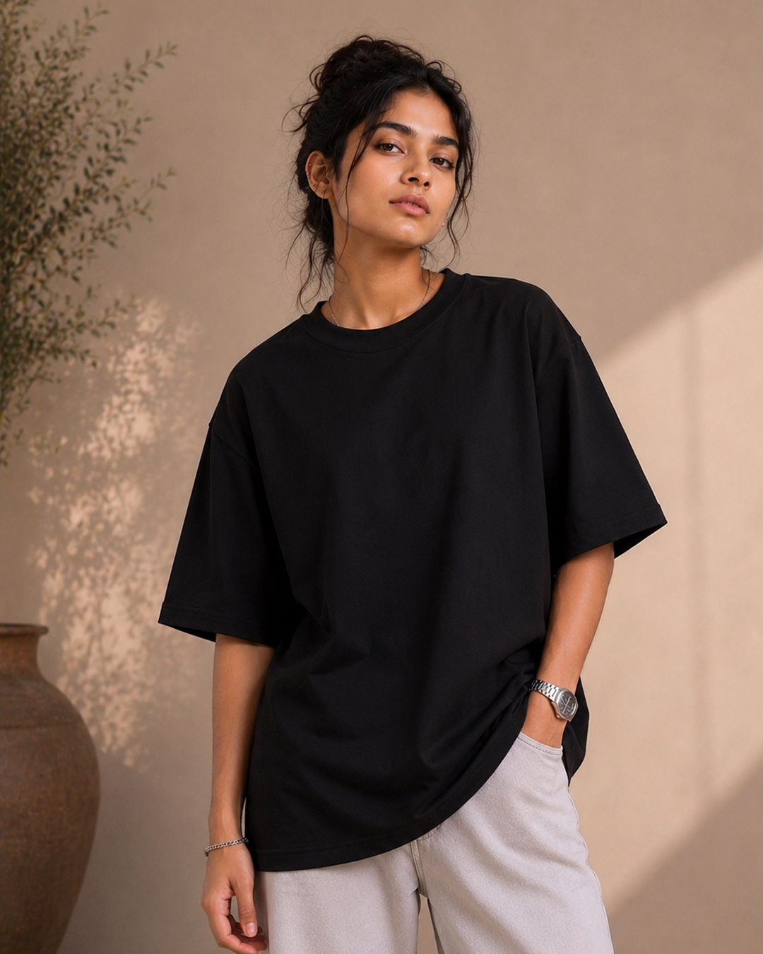 Trisutra Black Plain Oversized T-Shirt for Women – 240 GSM French Terry Cotton