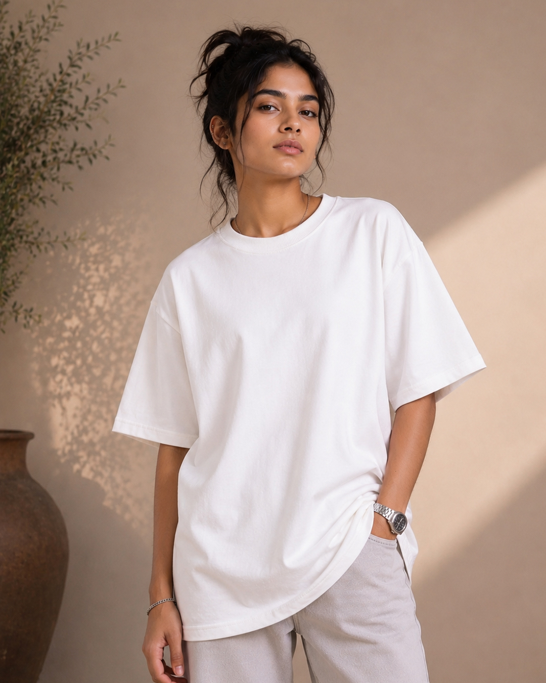 Trisutra White Plain Oversized T-Shirt for Women – 240 GSM French Terry Cotton