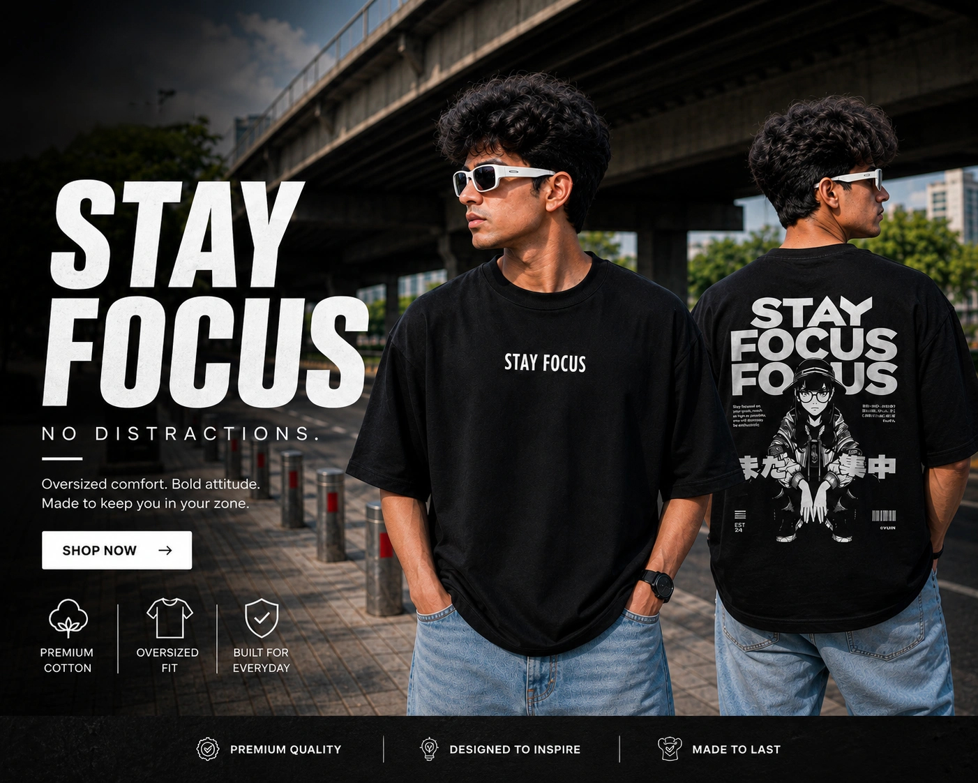 Trisutra Stay Focus Oversized T-Shirt – 240 GSM French Terry Cotton banner
